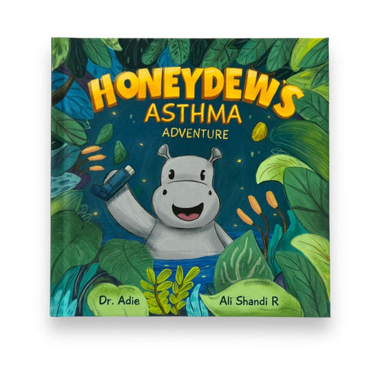 Front of Children's hardcover book featuring a hippo in the water holding an inhaler titled Honeydew's Asthma Adventure