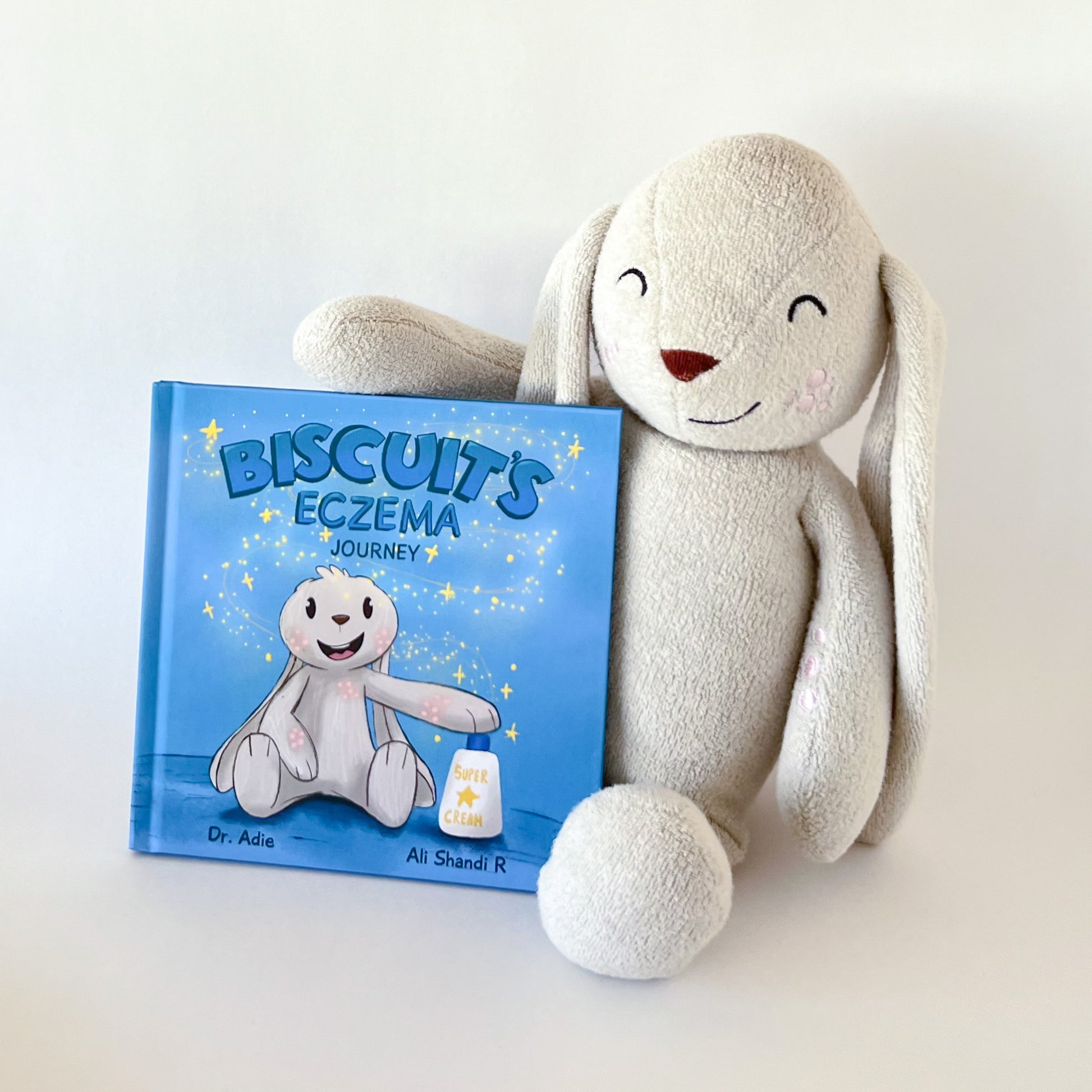 off white plush bunny toy sitting up with arm on blue childrens book titles Biscuit's eczema journey