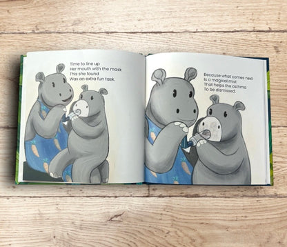 Sneak preview of two inside pages of book titled Honeydew's Asthma Adventure. Left page reads: Time to line up her mouth with the mask this she found was an extra fun task. Right page reads: Because what comes next is a magical mist that helps the asthma to be dismissed.