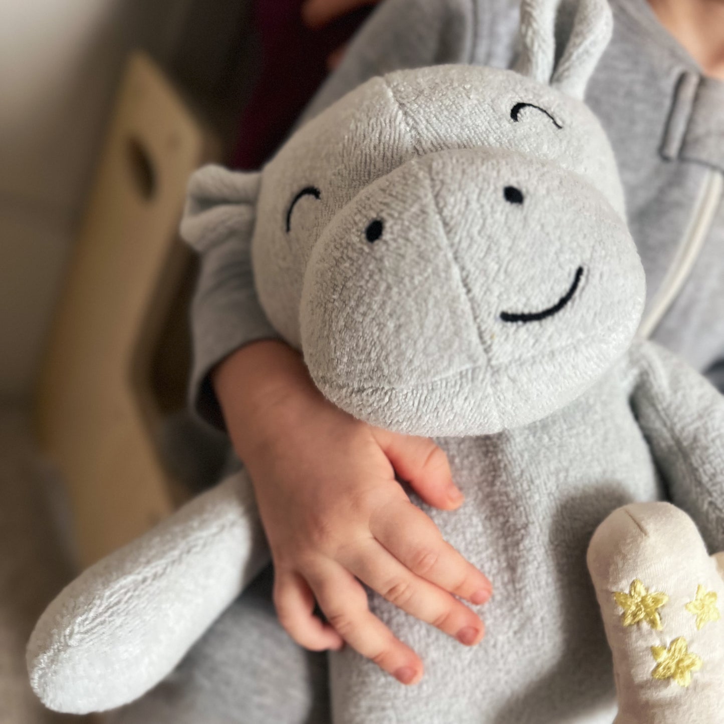 close up shot of a childs hand holding a hippo stuffed animal